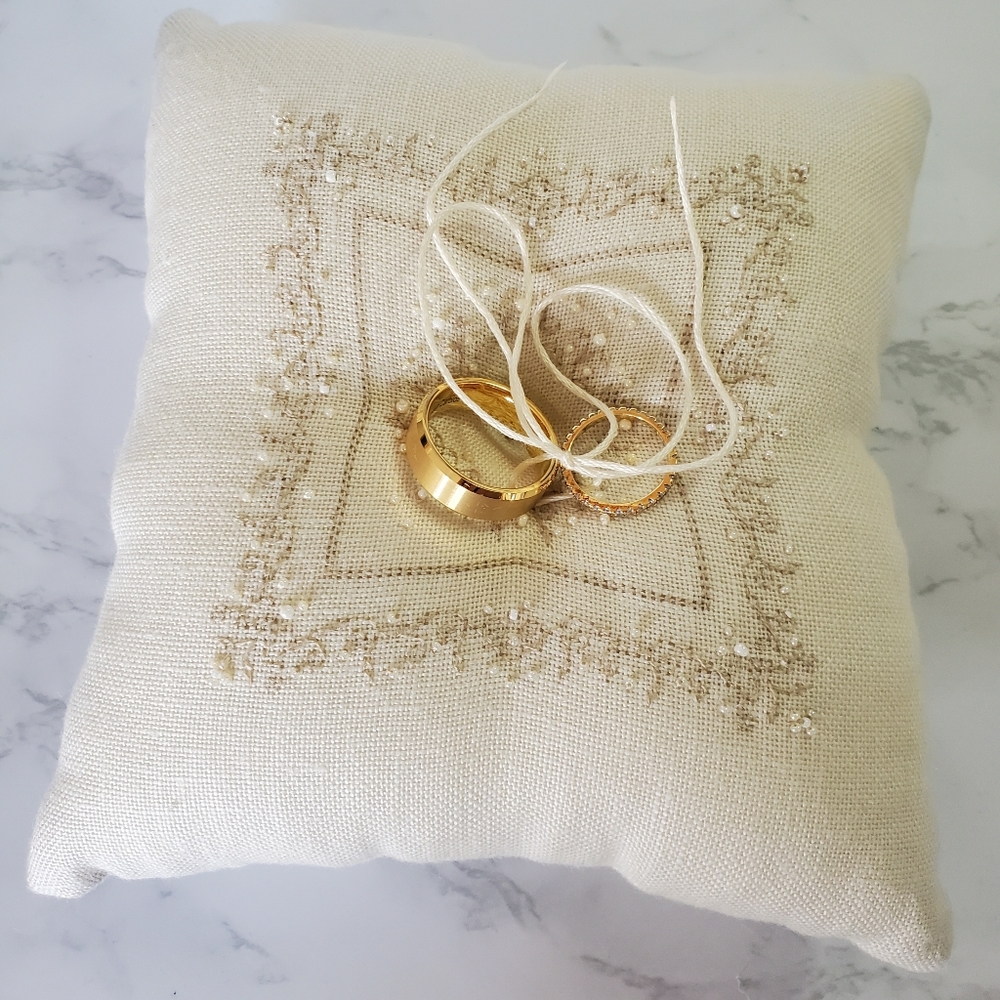 New Custom Beaded Wedding Ring Pillow, with realistic faux rings